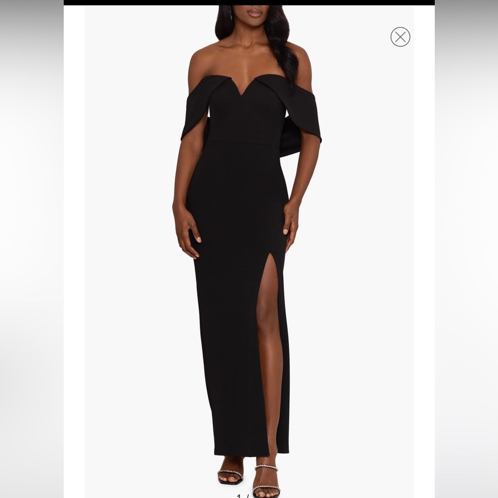 Xscape off the shoulder drape back dress gown